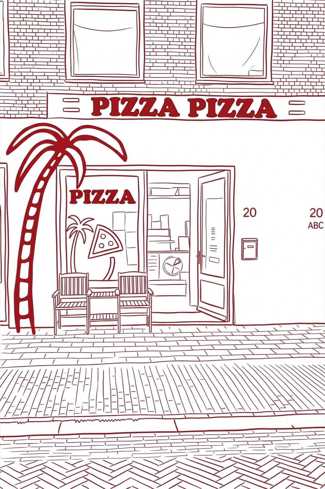 Line drawing of the Ciro Pizza shopfront in Haarlem